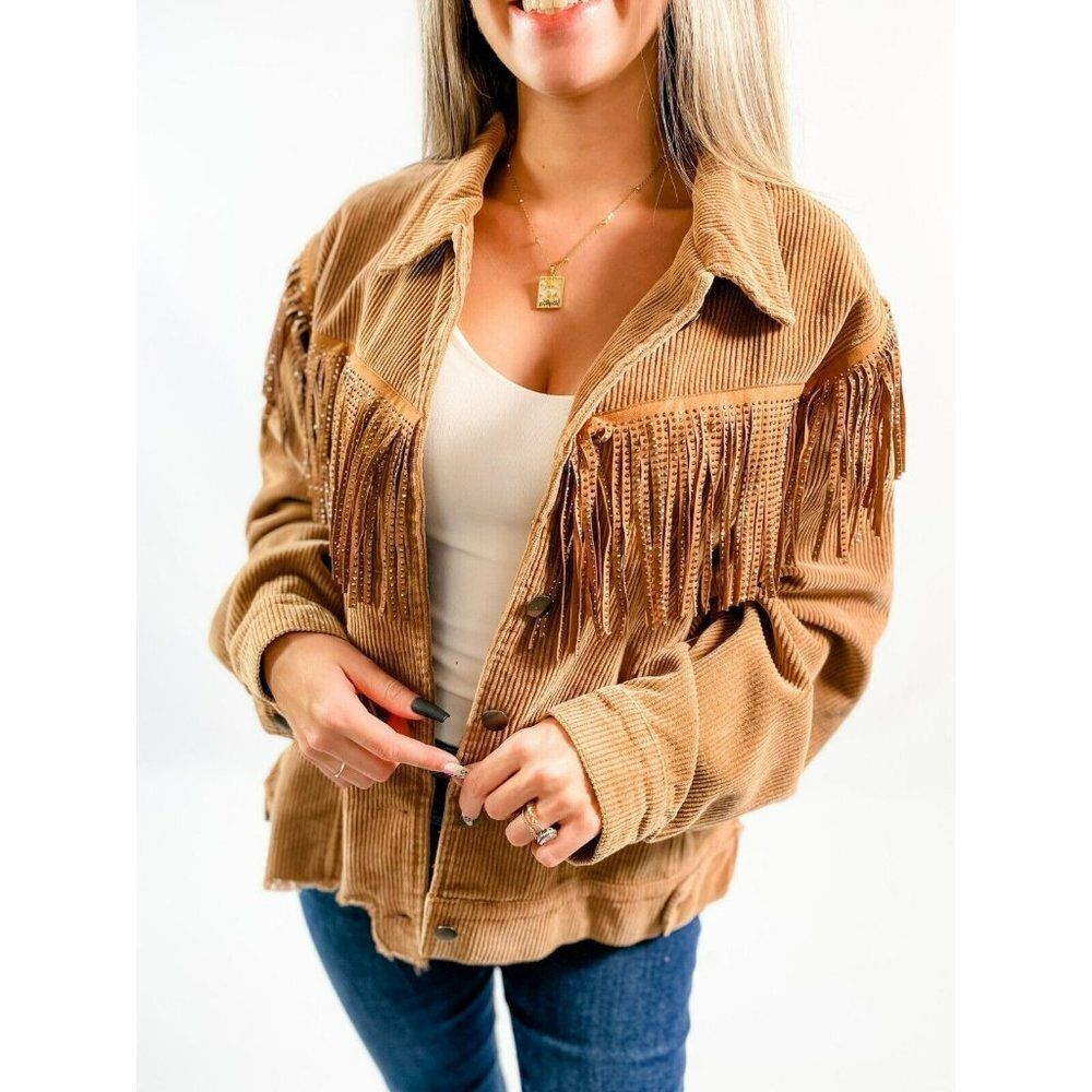 POL CLOTHING Fringed Rhinestone Button Down Long Sleeve Jacket Teddy Bear Camel